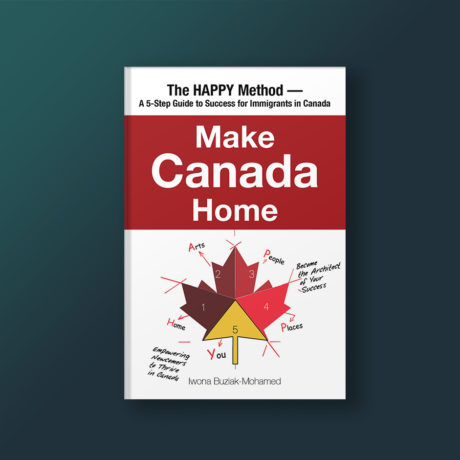 Book mockup-Make Canada Home- The HAPPY Method — A 5-Step Guide to Success for Immigrants in Canada - Iwona Buziak-Mohamed